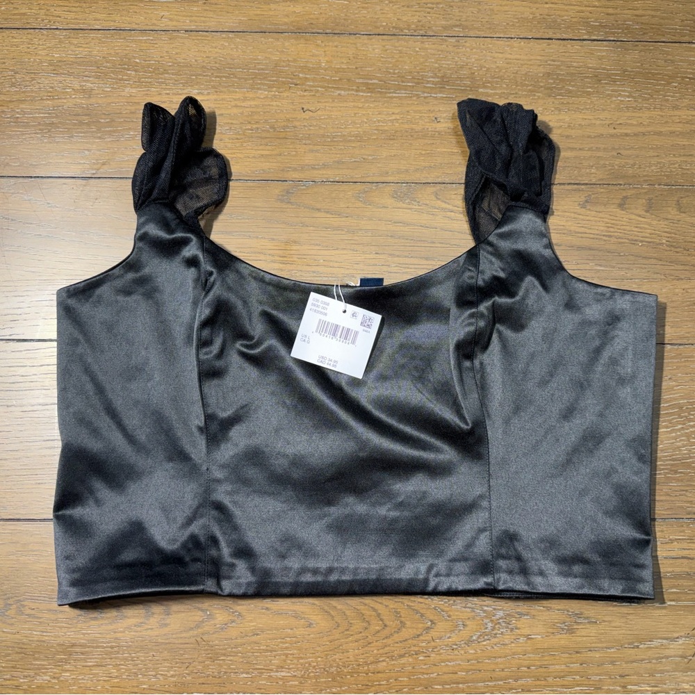 American Eagle Black Satin Crop Top with Sheer Ruffle Straps size L NWT